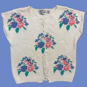 Vintage Knit Shirt Short Sleeve Floral Sweater Cambridge Spirit Cottagecore